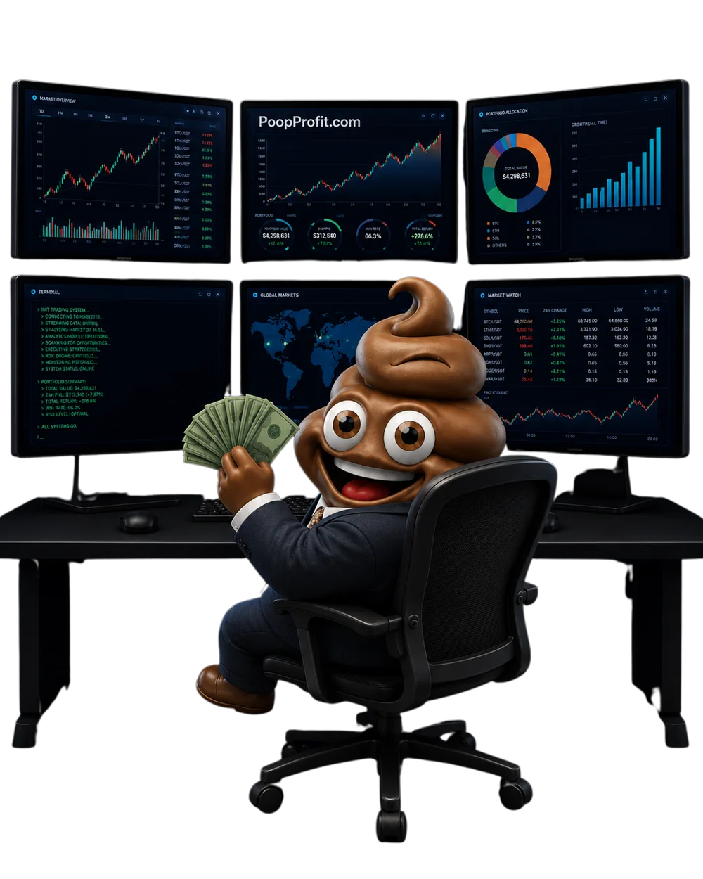 Herman, the poop CEO mascot in a navy suit and shades holding fistfuls of cash